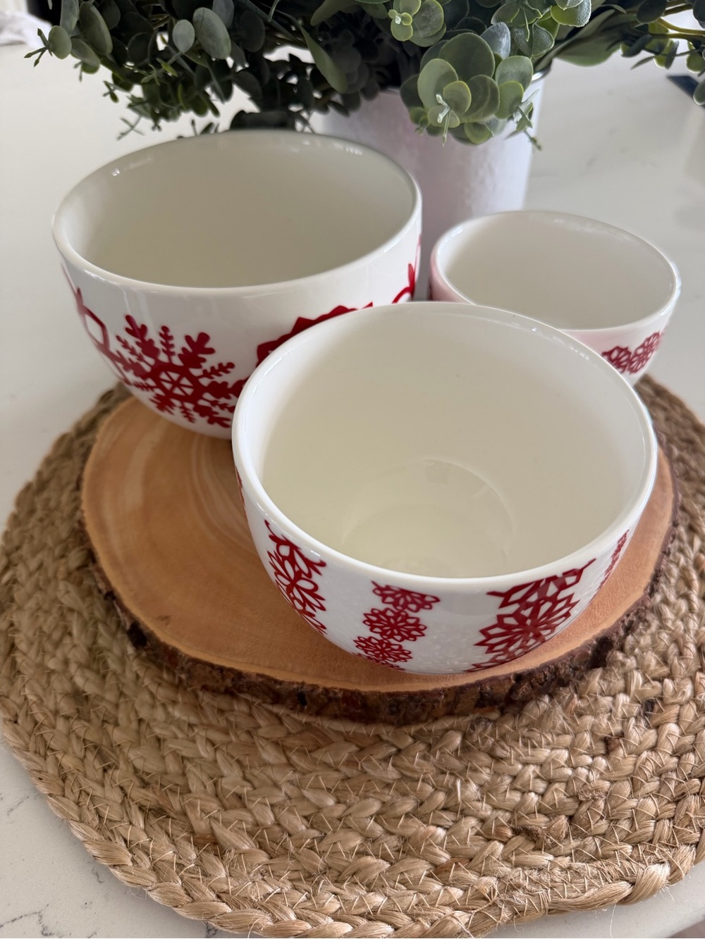 Crate & Barrel Kate Forrester White Ceramic Nesting Bowl Set with Red Snowflakes